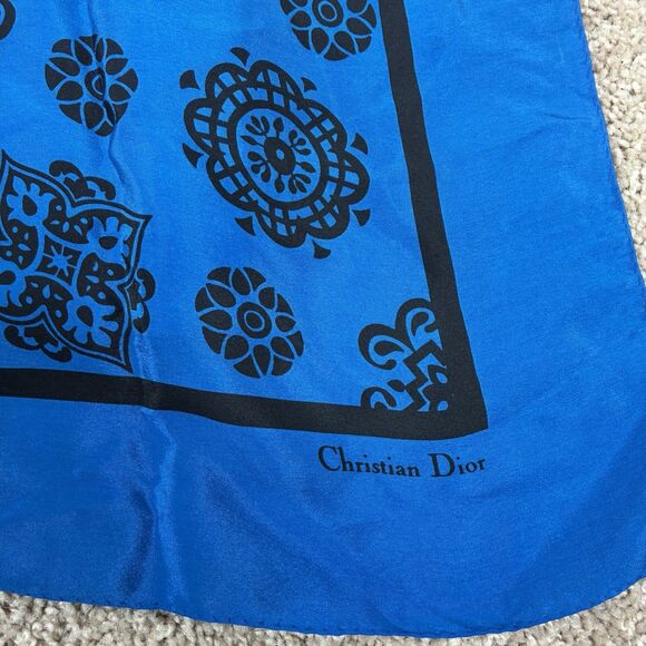 Christian Dior Vintage Silk Scarf 35"x35" Blue Black Mediterranean Print - Picture 6 of 6